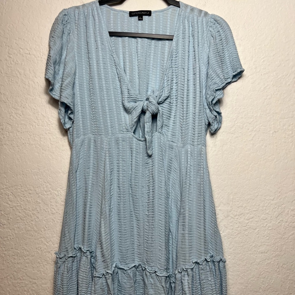 Cotton Candy Light Blue Mini Dress with Front Tie